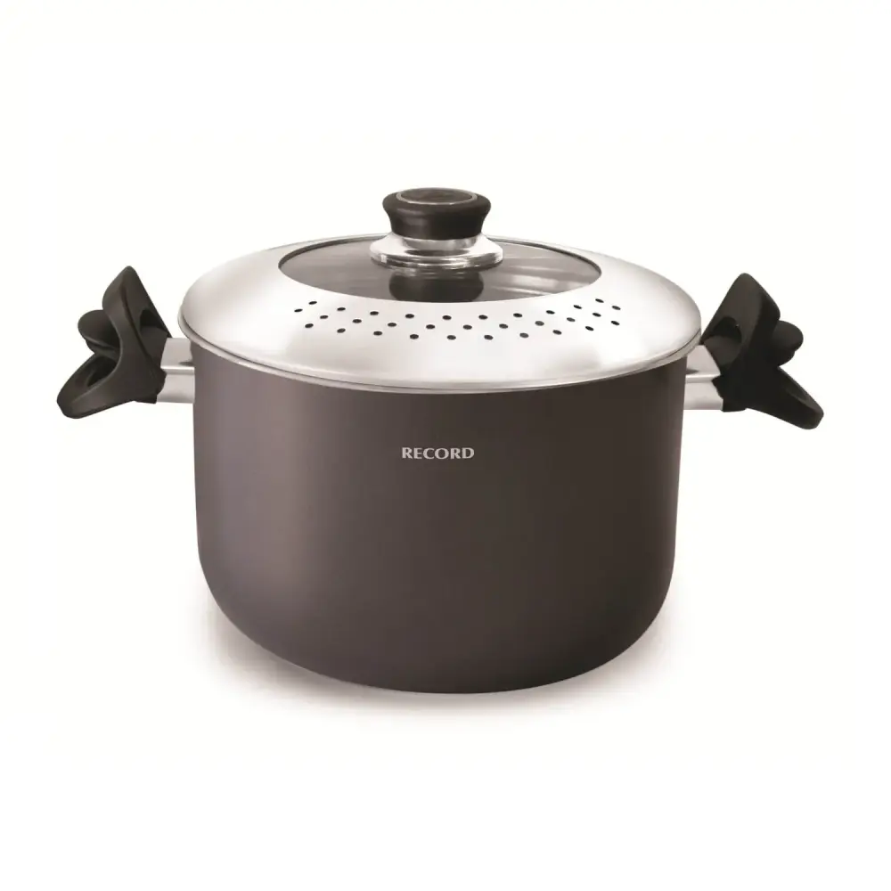 Record Espaguetera Antiadherente 5.3L Tapa de Vidrio N°22 Cocina Profesional Negro