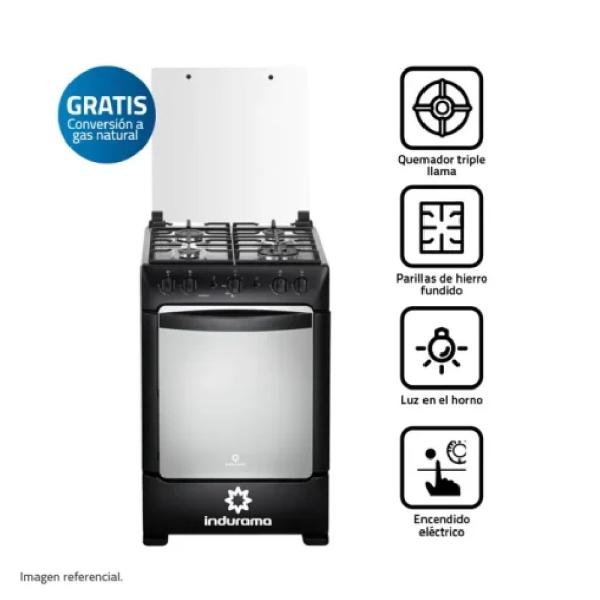 Indurama Zafiro Pompeya Cocina 4 Quemadores 5.5 kW Encendido Eléctrico Parrilla Fundida Negro Zafiro