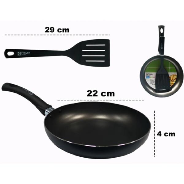 Facusa Sartén Antiadherente Nova 22cm + Espátula Nylon Cocina Profesional Antirayaduras Negro