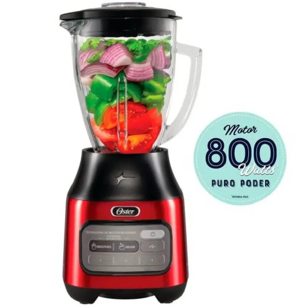 Licuadora Oster Reversible 600W Vaso de Cristal 1.25L Motor Silencioso Rojo