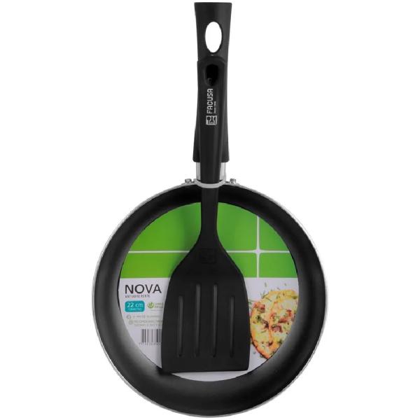 Facusa Sartén Antiadherente Nova 22cm + Espátula Nylon Cocina Profesional Antirayaduras Negro