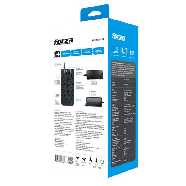 Forza FVR-1222USB 2200VA Regulador de Voltaje 8 Tomas Protección AVR USB Negro