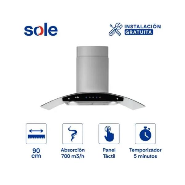 Sole TURE84CO Campana Extractora 90cm 650m³/h 4 Velocidades Acero Inoxidable
