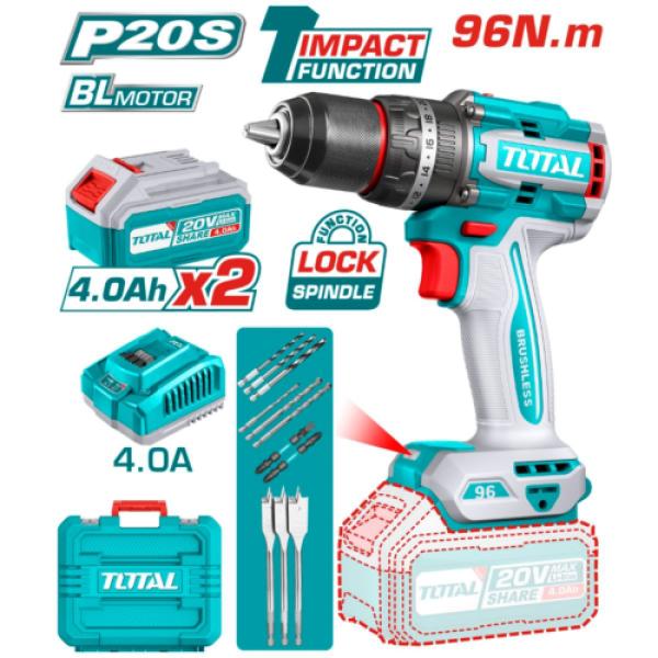 Taladro Percutor Industrial Brushless 20V 96Nm 13mm 2x4.0Ah Li-Ion Maletín