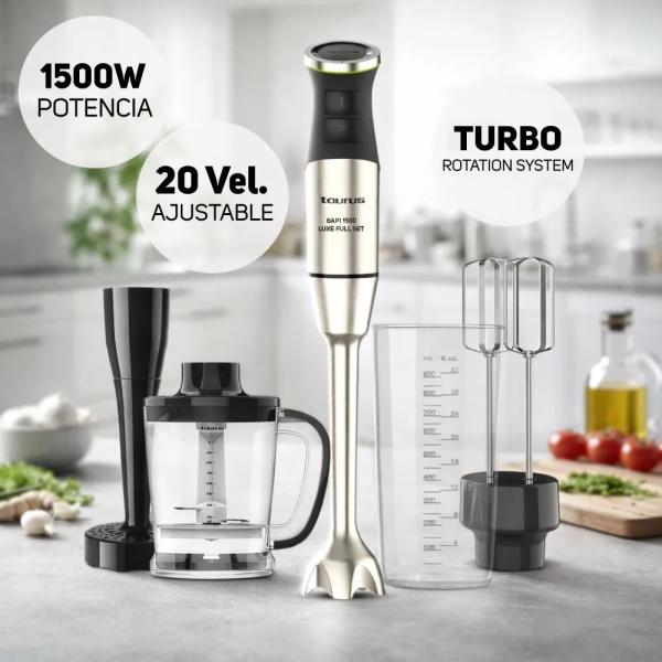 Taurus Bapi 1500 Luxe Full Set 1500W Batidora de Inmersión 20 Velocidades Turbo Rotation Acero Inoxidable Negro