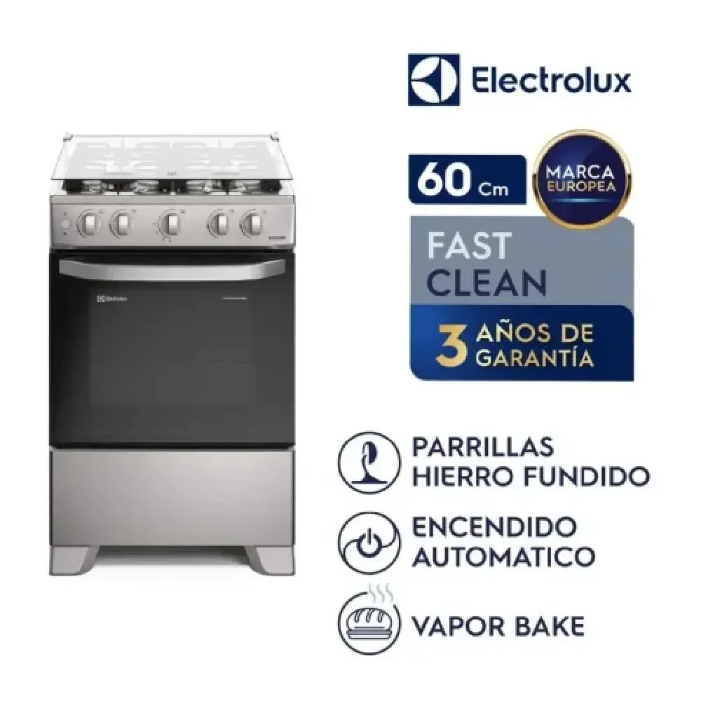 Electrolux FE4ISR Cocina 4 Quemadores Efficient VaporBake Parrilla Hierro Fundido Plata