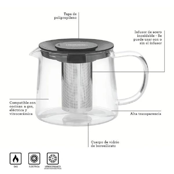 Tetera de Vidrio UYSA 0.9 Litros con Filtro Integrado Base Antiadherente