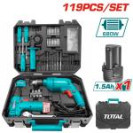 Set Herramientas 119pcs Taladro Percutor 680W 13mm Velocidad Variable Maletín Profesional