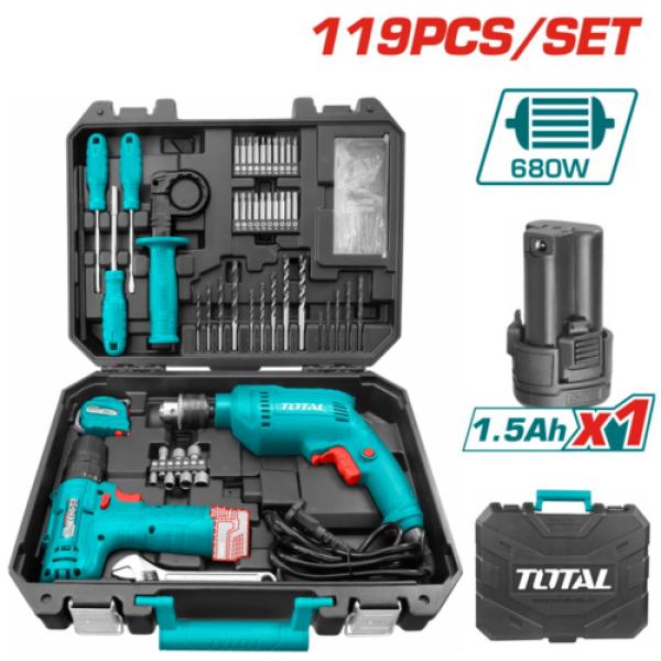 Set Herramientas 119pcs Taladro Percutor 680W 13mm Velocidad Variable Maletín Profesional