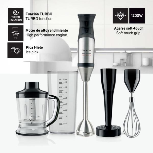 Taurus BAPI 1200 Plus Inox 1200W Batidora Inmersión Acero Inoxidable 5 Velocidades Negro
