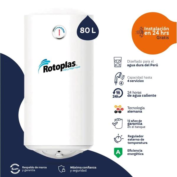 Terma Duraterma Rotoplas 80 Litros 1500 Watts Ahorrador de Energía Panel Anticalcáreo Blanco