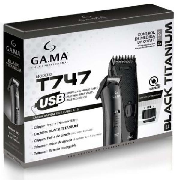 Titanium Gama T742 Cortadora + T827 Afeitadora Profesional 20W Anticalórica Set Completo Negro