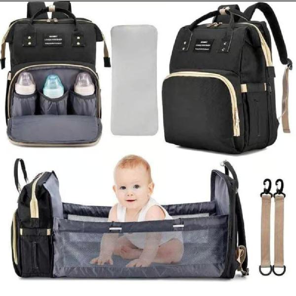 Mochila Pañalera Convertible 3 en 1 Negro Multifuncional con Portabebé y Cambiador