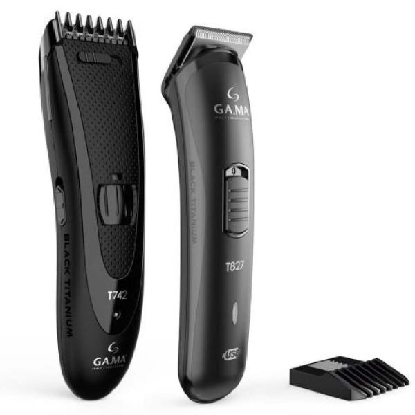 Titanium Gama T742 Cortadora + T827 Afeitadora Profesional 20W Anticalórica Set Completo Negro