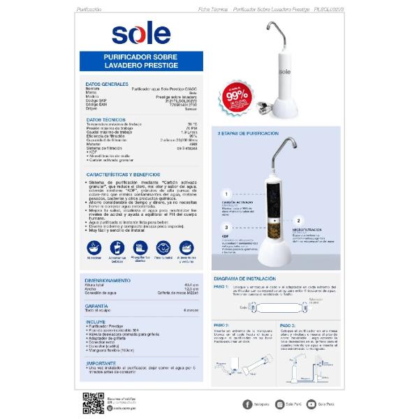 Purificador de Agua Sole Prestige Sobre Lavadero 12 Litros Filtración 5 Etapas Grifo Dedicado Blanco