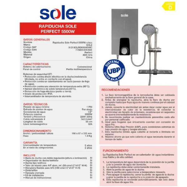 Rapiducha Sole Perfect 5500W Terma Eléctrica Ahorro de Energía Panel Digital Gris