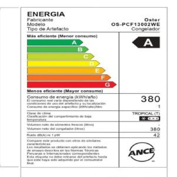 Oster PCF13002WE 380L Congeladora Vertical Blanca Sistema No Frost 4 Estantes