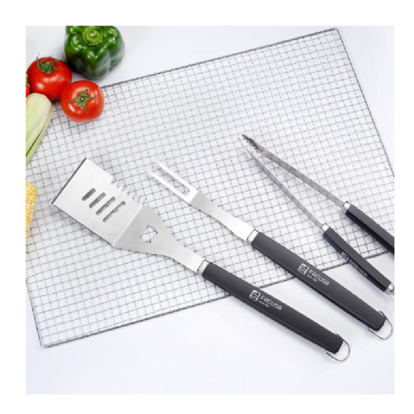 Facusa Juego de Utensilios BBQ 3 Piezas Acero Inoxidable Mangos Silicona Negro