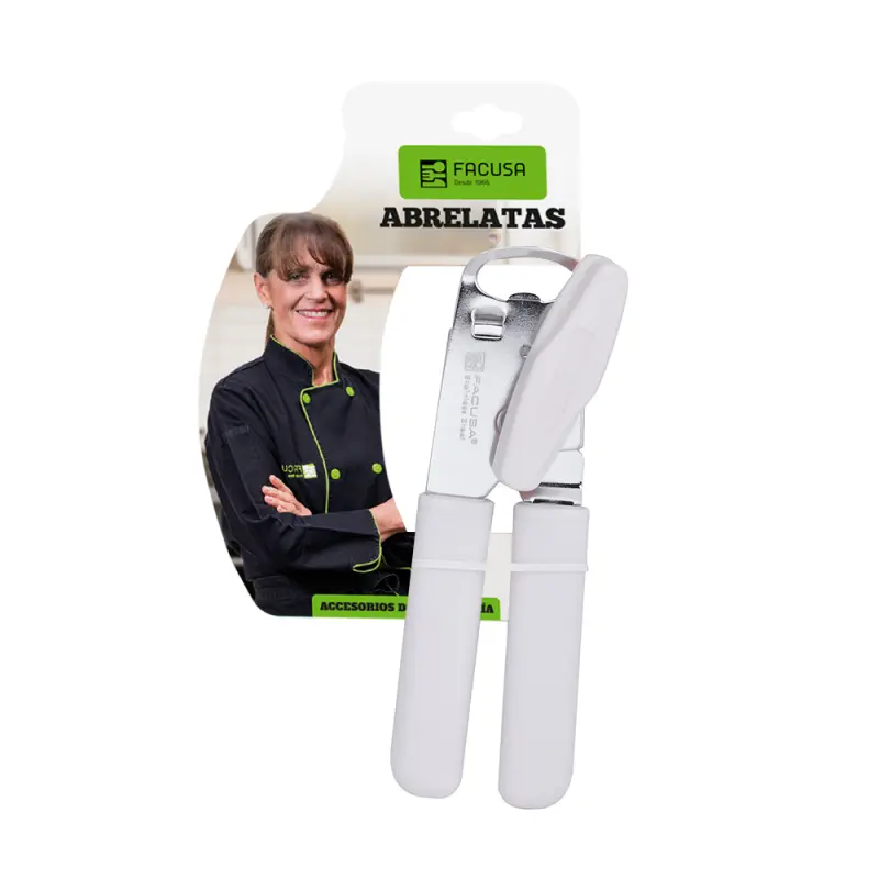 Facusa Abrelatas Doméstico Mango Blanco 18cm Acero Inoxidable Corte Preciso Ergonomico