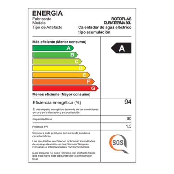 Terma Duraterma Rotoplas 80 Litros 1500 Watts Ahorrador de Energía Panel Anticalcáreo Blanco