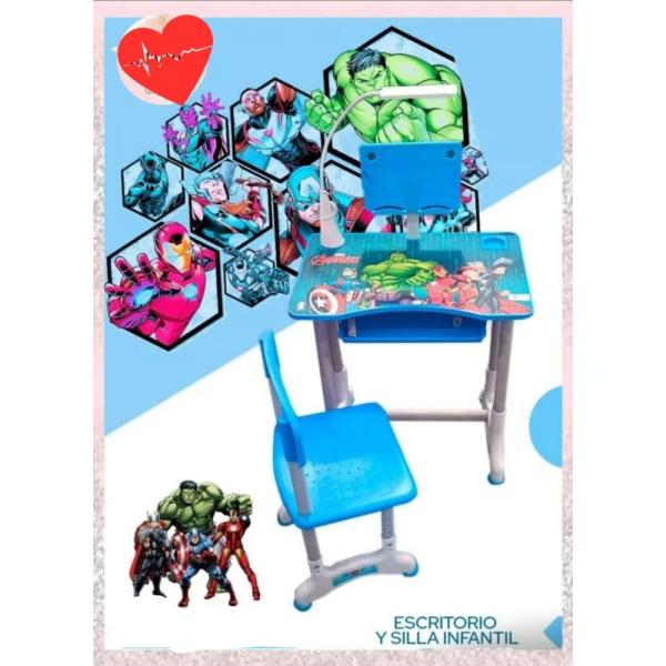 Marvel Avengers Escritorio Escolar Ergonomico 120cm Silla Ajustable Lampara LED Azul