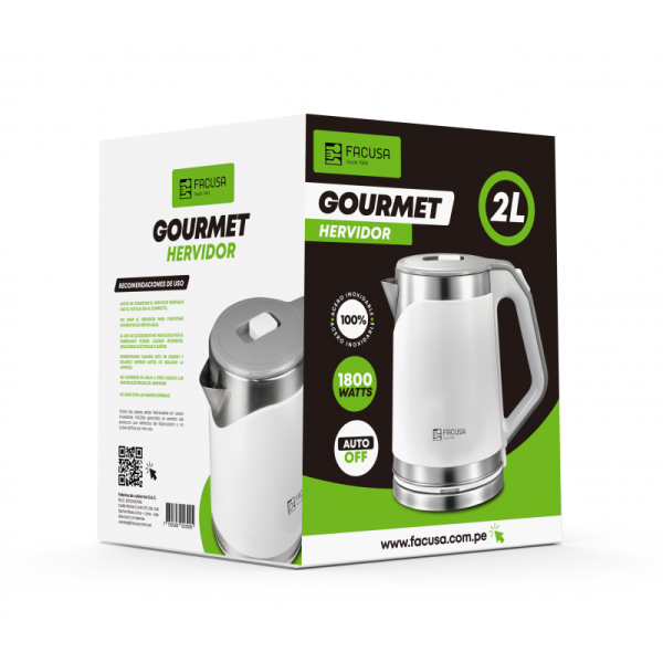 Facusa Hervidor Gourmet 2.0L 2000W Apagado Automático Base 360° Acero Inoxidable Blanco