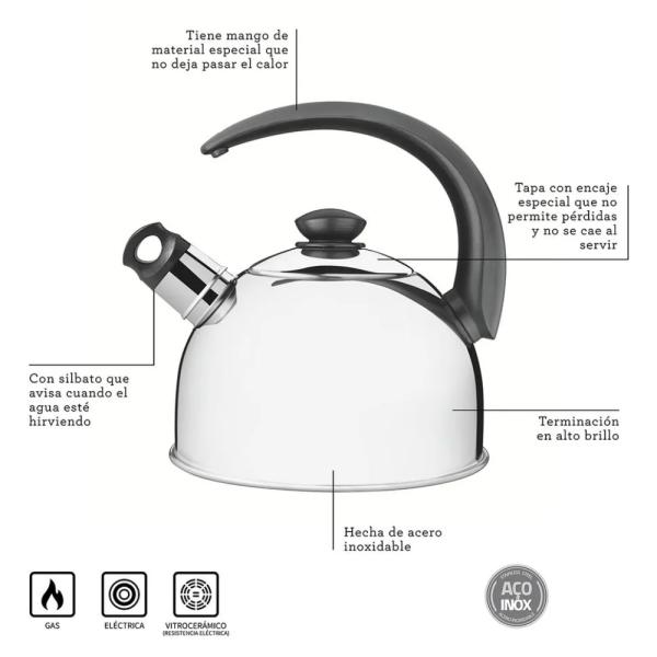 Tetera UYSA Premium 3 Litros con Silbato Acero Inoxidable Gradable Ergonómico Plateado