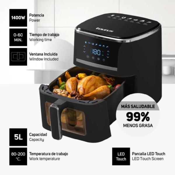 Freidora sin Aceite Taurus 5L 1500W Sistema 360° Air Fryer Digital Panel Táctil