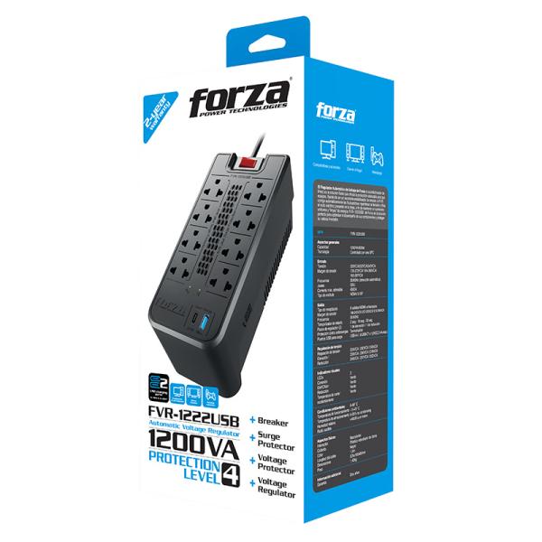 Forza FVR-1222USB 2200VA Regulador de Voltaje 8 Tomas Protección AVR USB Negro
