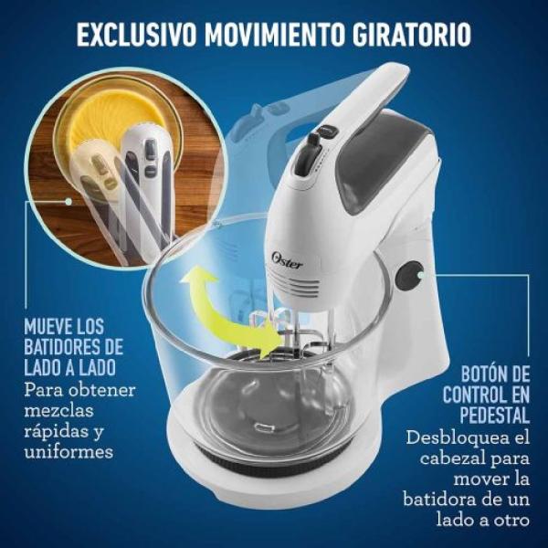 Oster FPSTHS3611-053 Batidora Mano y Pedestal 250W 5 Velocidades Turbo Vaso Vidrio 1L Blanco