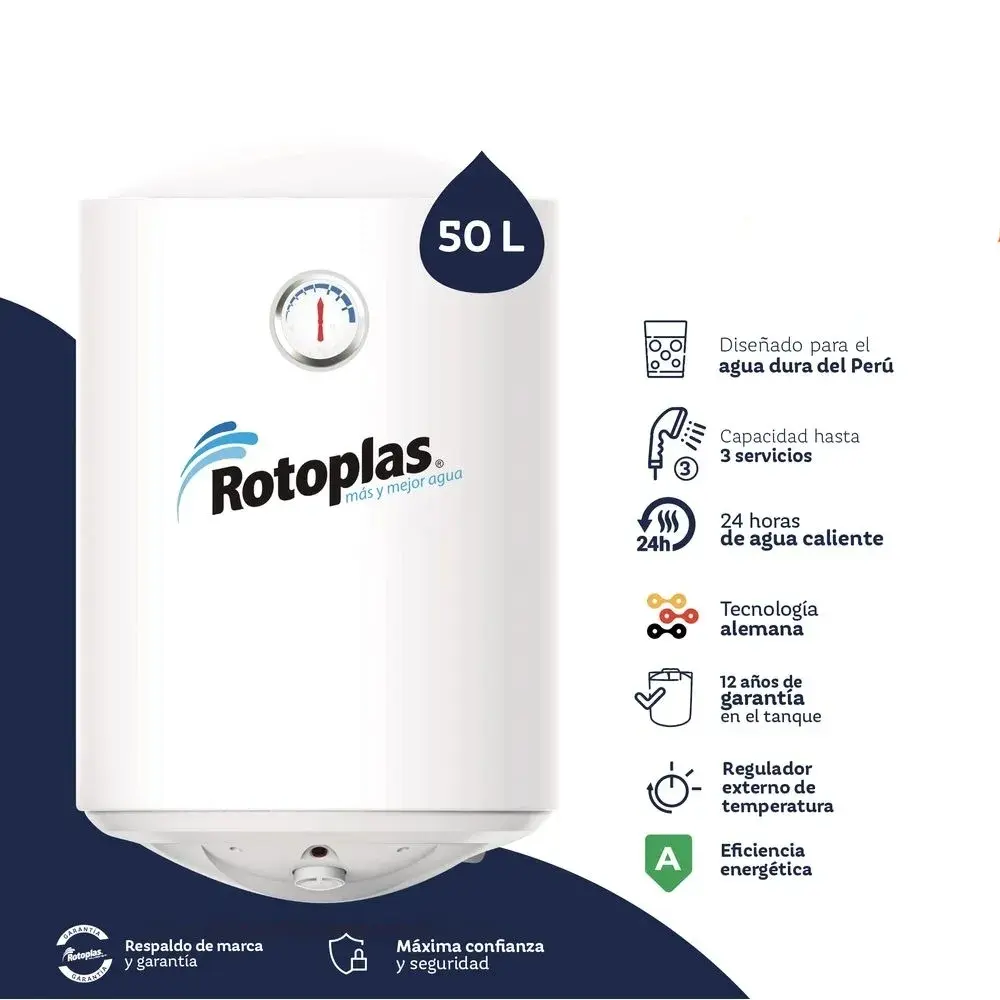 Rotoplas Duraterma 50L Terma Eléctrica Ahorradora Acero Inoxidable Blanco - 500370