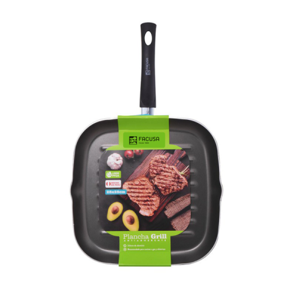 FACUSA Plancha Grill 28cm Antiadherente 4 Capas Reversible Profesional Negro
