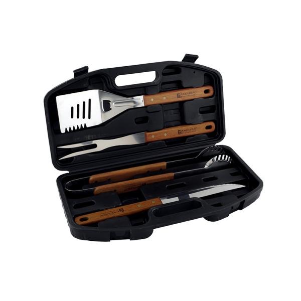 Facusa 224004001 Set BBQ 4 Piezas Maletín Plástico Utensilios Parrilla Negro
