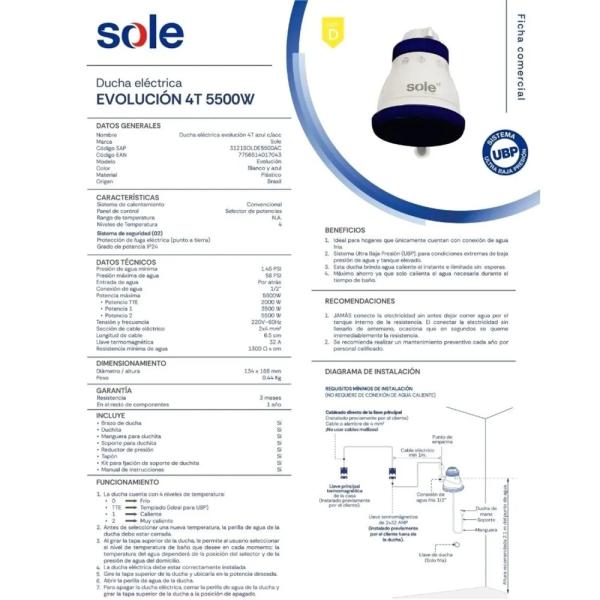 DUCHA ELÉCTRICA SOLE 4T 5500W MODELO 3121SOLDE5500AC