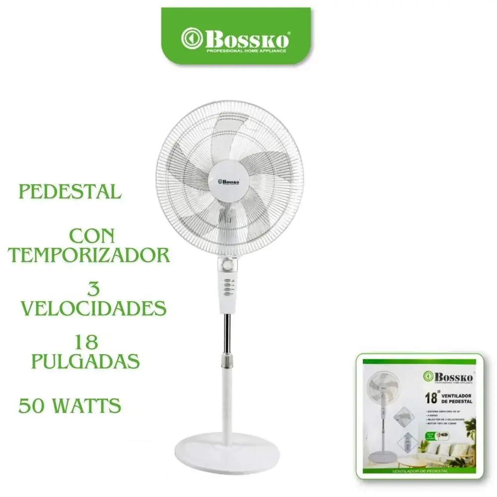 Bossko BK-8457VB Ventilador de Pedestal 18" 50W Temporizador 3 Velocidades Blanco
