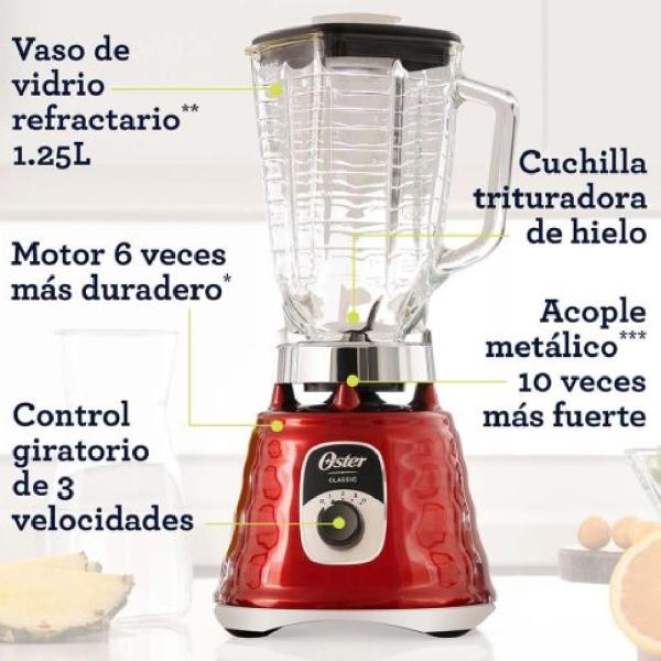 Oster BLST4126R-053 Licuadora Clásica 3 Velocidades 450W Vaso Vidrio 1.25L Rojo